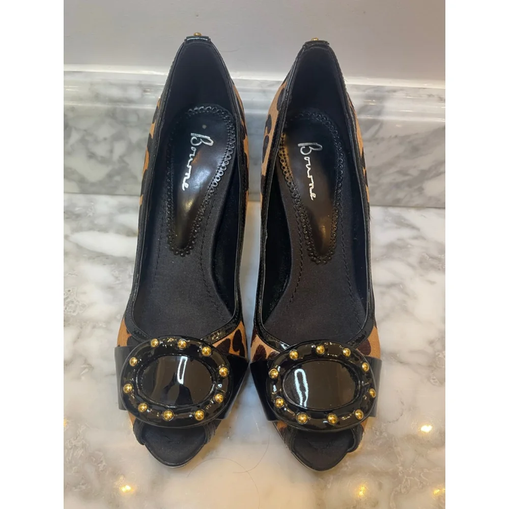 Y2K Bourne London Leopard Pony Hair Patent Leather Peep Toe Stiletto Heels Sz 37